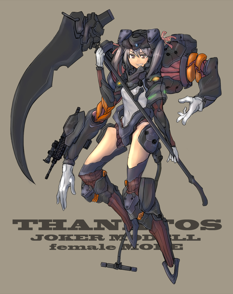 sigama, original, bad id, bad pixiv id, highres, 1girl, cyborg, extra arms, female focus, gloves, grin, gun, hair ribbon, mecha musume, multi limb, prosthesis, purple hair, red eyes, ribbon, scythe, short hair, smile, solo, twintails, weapon