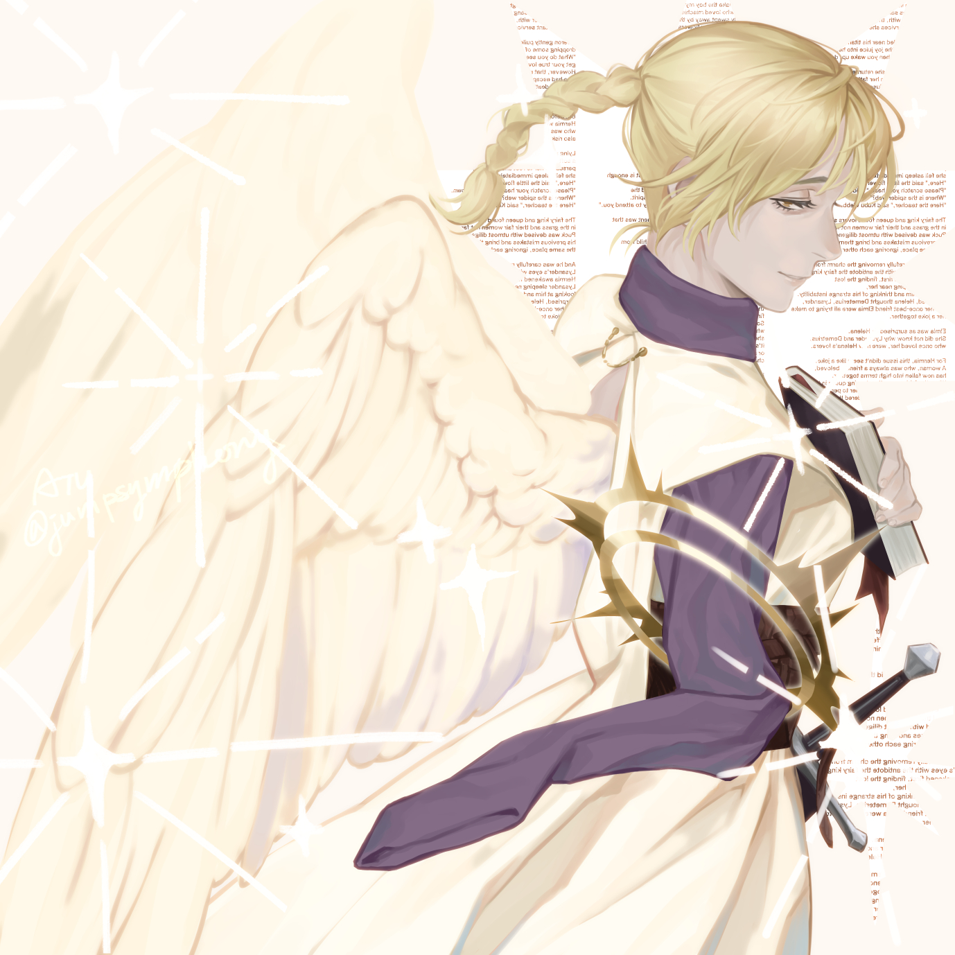 jumpsymphony, jolenta, chi.: chikyuu no undou ni tsuite, highres, 1girl, amputee, angel wings, blonde hair, book, braid, brown eyes, dress, holding, holding book, light smile, long hair, parted lips, purple shirt, shirt, shirt under dress, single braid, solo, sparkle, sword, upper body, weapon, white dress, wings