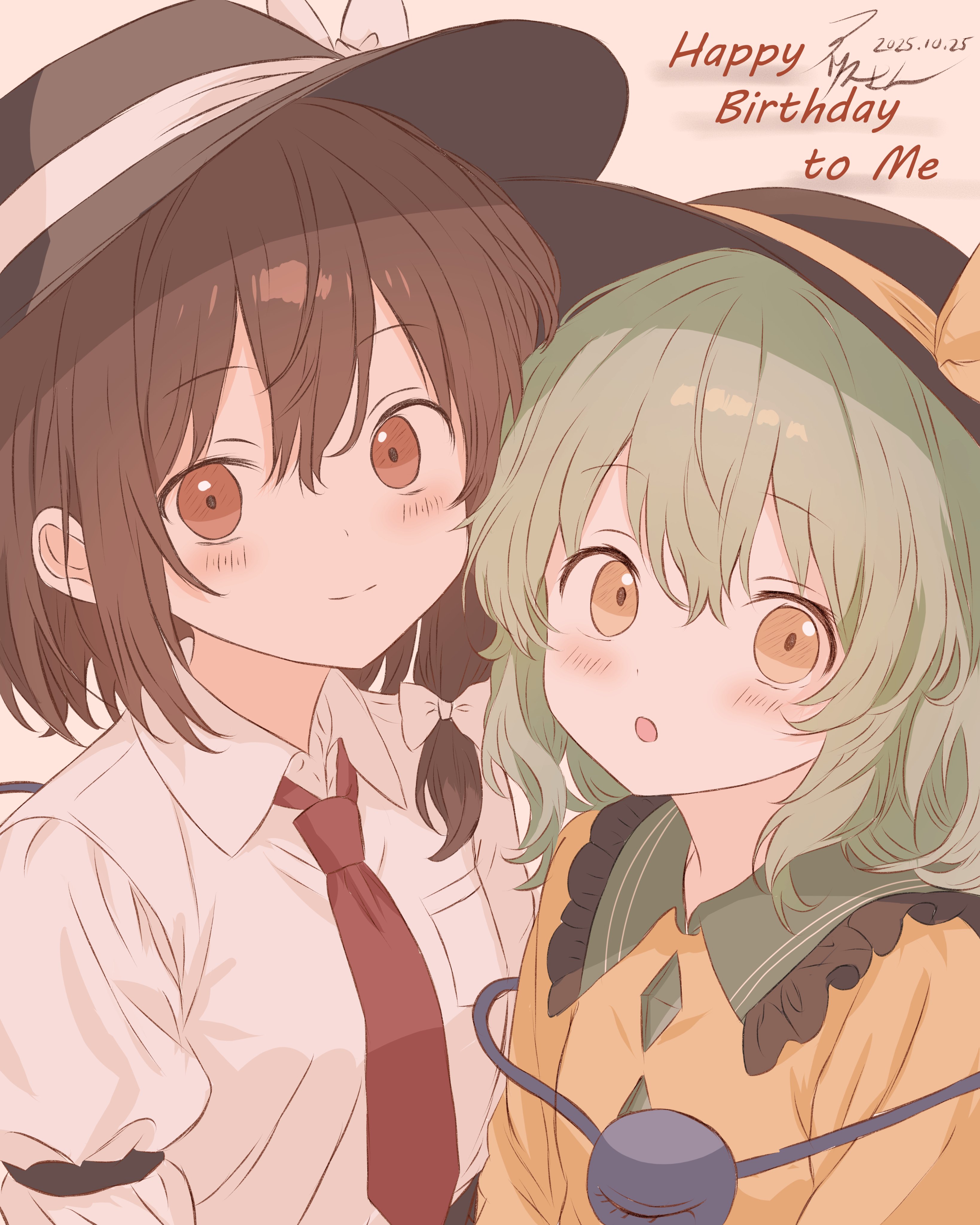 iris-san, komeiji koishi, usami renko, touhou, absurdres, commentary request, highres, 2girls, black hat, blush, bow, breast pocket, brown eyes, brown hair, buttons, closed mouth, dated, diamond button, dress shirt, frilled shirt collar, frills, green hair, hair bow, happy birthday, hat, hat bow, hat ribbon, looking at viewer, medium hair, multiple girls, necktie, open mouth, pocket, red necktie, ribbon, shirt, signature, smile, third eye, upper body, white background, white bow, white ribbon, white shirt, yellow bow, yellow eyes, yellow ribbon, yellow shirt