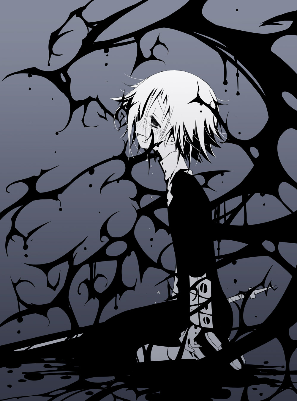 sakurazawa izumi, crona (soul eater), ragnarok (soul eater), soul eater, gender request, highres, 00s, androgynous, black dress, blue background, crying, cuff links, dress, greyscale, greyscale with colored background, high collar, kneeling, monochrome, open mouth, sad, short hair, skinny, slender, solo, sword, tears, weapon, wings