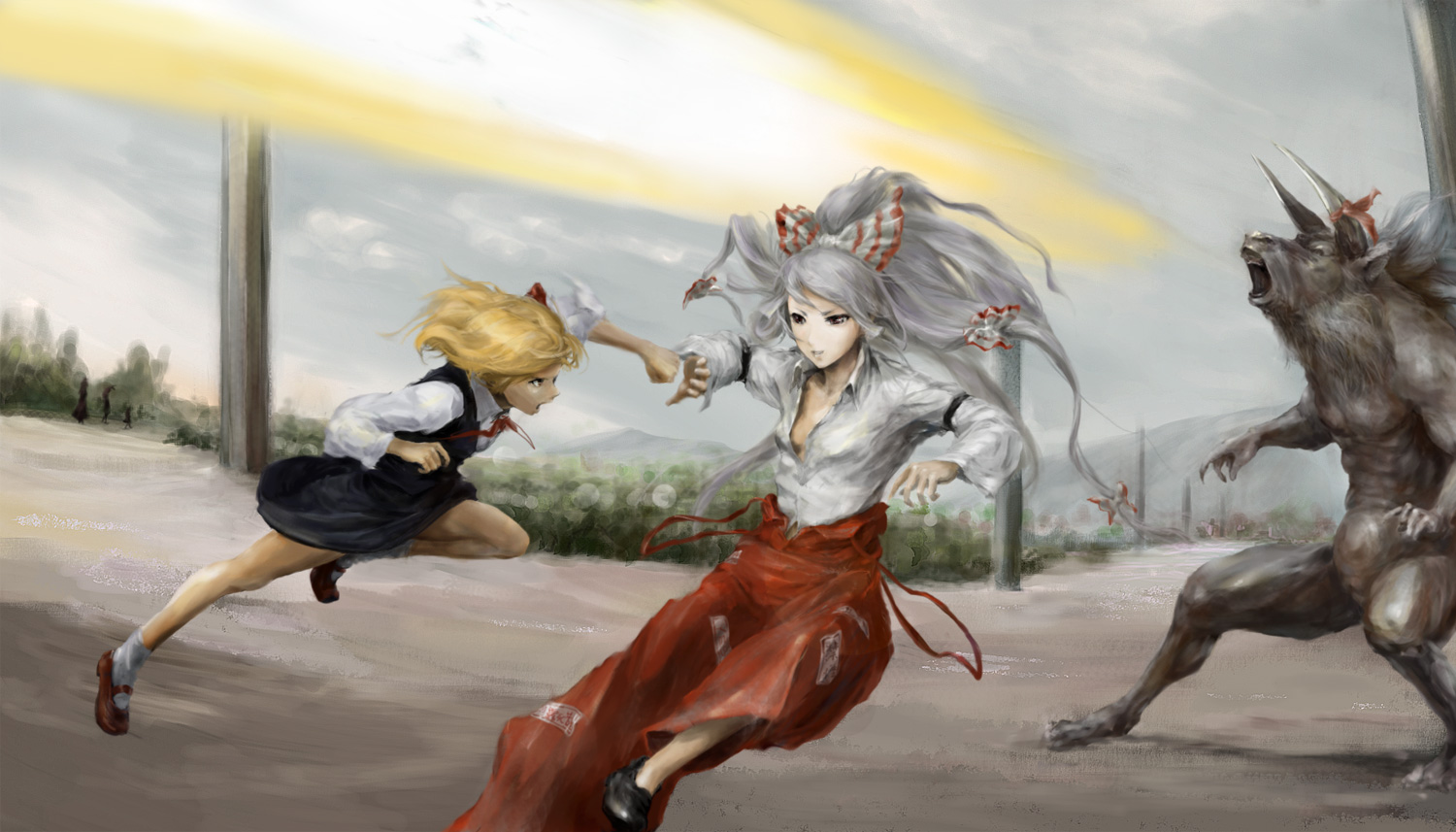 tomoshoku, ex-keine, fujiwara no mokou, inaba tewi, kamishirasawa keine, reisen udongein inaba, rumia, yagokoro eirin, shoot the bullet, touhou, bad id, bad pixiv id, 5girls, battle, blonde hair, bow, hair bow, hair ribbon, horns, long hair, monster, multiple girls, red eyes, ribbon, short hair