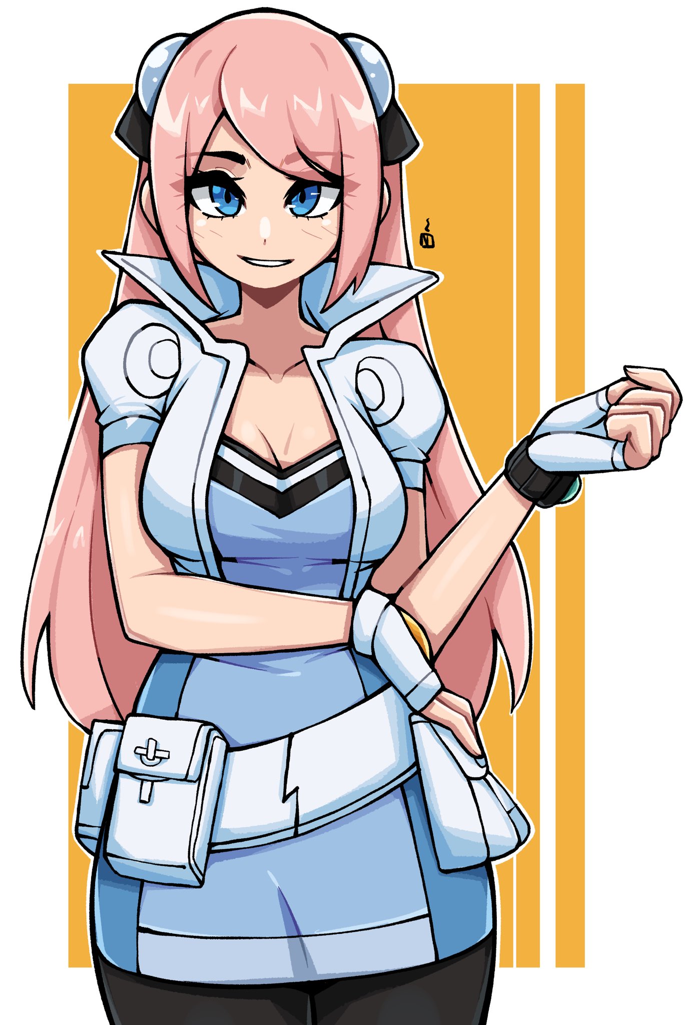 oninuer, jeena (spectrobes), spectrobes (series), commentary, english commentary, highres, 1girl, blue dress, blue eyes, border, breasts, cowboy shot, cropped jacket, dress, fingerless gloves, gloves, hand up, jacket, long hair, looking at viewer, medium breasts, open clothes, open jacket, outside border, parted bangs, parted lips, pink hair, short sleeves, smile, solo, straight-on, white border, white gloves, white jacket, yellow background