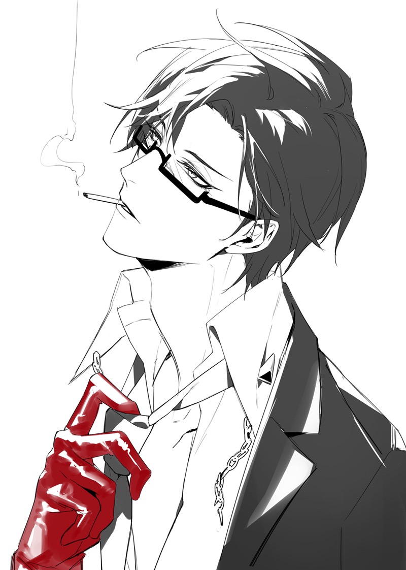 maosanmu, iruma jyuto, hypnosis mic, chinese commentary, 1boy, adjusting clothes, adjusting necktie, black hair, black jacket, broken necklace, chain, chain necklace, cigarette, collared shirt, glasses, gloves, greyscale, holding, holding cigarette, jacket, jewelry, looking to the side, male focus, monochrome, mouth hold, necklace, necktie, parted lips, red gloves, shirt, short hair, simple background, smoke, smoking, solo, spot color, upper body, white background, white shirt