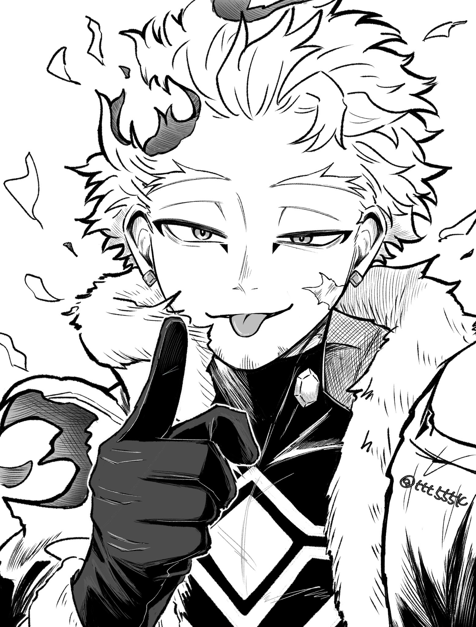 hawks (boku no hero academia), boku no hero academia, commentary request, highres, 1boy, :p, arm up, facial scar, forked eyebrows, fur-trimmed jacket, fur trim, gloves, greyscale, index finger raised, jacket, looking at viewer, male focus, monochrome, open clothes, open jacket, portrait, scar, scar on cheek, scar on face, shirt, simple background, solo, tongue, tongue out, ttt555k, uneven eyes, upper body, white background