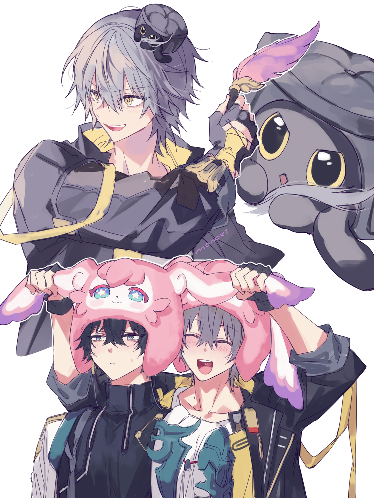 mogi (green tea planet), caelus (honkai: star rail), dan heng (honkai: star rail), dan heng (hunt) (honkai: star rail), mem (honkai: star rail), trailblazer (honkai: star rail), trailblazer (trash cake) (honkai: star rail), honkai: star rail, honkai (series), commentary request, highres, 2boys, animal, artist name, black cat, black coat, black gloves, black hair, black shirt, blush, cake cat (honkai: star rail), cat, cat tail, character hat, chinese clothes, closed eyes, coat, collarbone, constellation print, earrings, eyeliner, fingerless gloves, gloves, grey eyes, grey hair, hair between eyes, hand up, hands up, hat, heart, heart in mouth, holding, holding quill, hood, hooded coat, jewelry, long sleeves, looking to the side, makeup, male focus, mooncake, multiple boys, multiple views, open clothes, open coat, open mouth, quill, red eyeliner, shirt, short hair, simple background, single earring, smile, sweatdrop, t-shirt, tail, tassel, teeth, tongue, two-sided coat, two-sided fabric, upper body, v-shaped eyebrows, white background, white coat, white shirt, yellow coat, yellow eyes, zipper