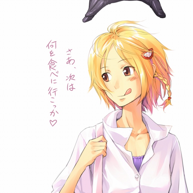 mosha, katsuragi yako, nougami neuro, majin tantei nougami neuro, translated, 00s, 1girl, :q, blonde hair, braid, brown eyes, hair ornament, hairclip, looking back, orange hair, short hair, side braid, tongue, tongue out