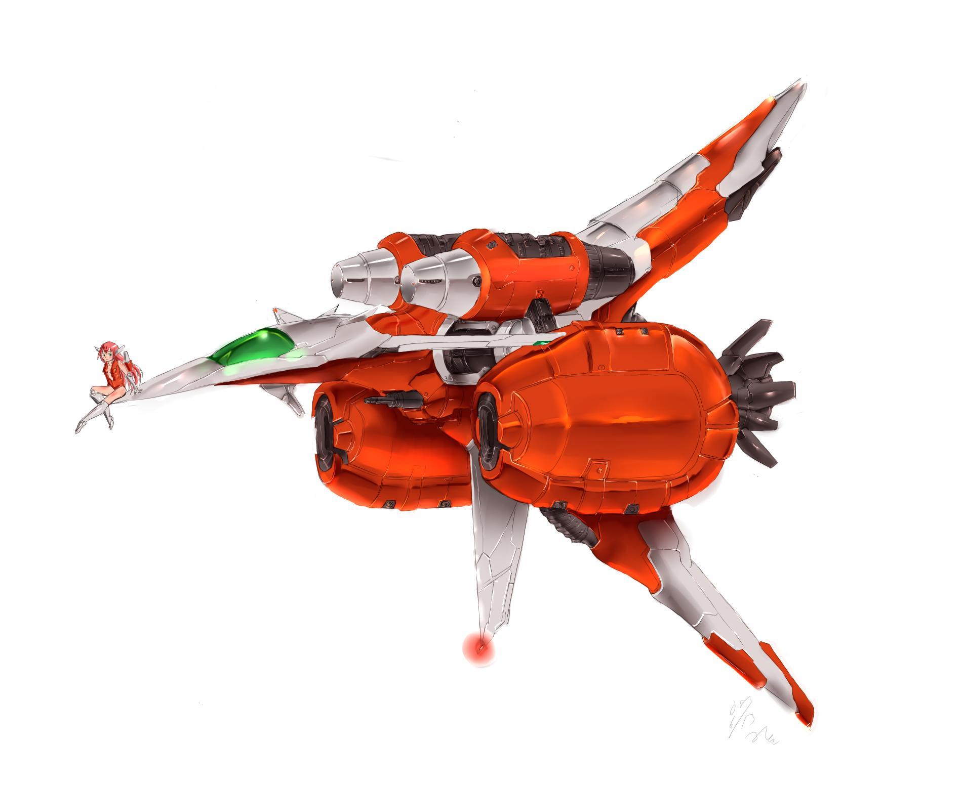 vuccha, axelay, konami, highres, boots, long hair, mecha musume, pink hair, ship, sitting, spacecraft, starfighter, thighhighs, watercraft