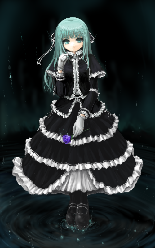 armarty, 1girl, black dress, blue eyes, blue hair, dress, female focus, flower, frills, gloves, gothic lolita, lolita fashion, long hair, mary janes, rose, shoes, solo, white gloves
