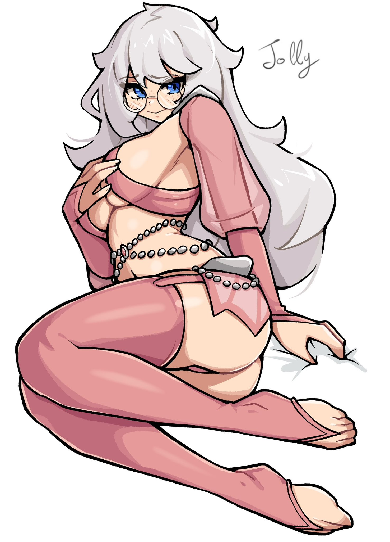 oninuer, original, commentary, english commentary, highres, 1girl, ass, bed sheet, blue eyes, breasts, bridal gauntlets, closed mouth, double-parted bangs, full body, glasses, hand on own chest, large breasts, long hair, looking at viewer, pink bridal gauntlets, pink thighhighs, round eyewear, sheet grab, simple background, sitting, solo, thighhighs, white background, white hair