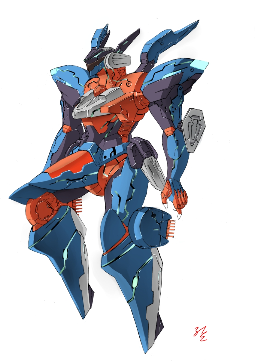 vuccha, jehuty, konami, zone of the enders, highres, 00s, armor, floating, full body, mecha, no humans, orbital frame (zone of the enders), robot, signature, simple background, white background