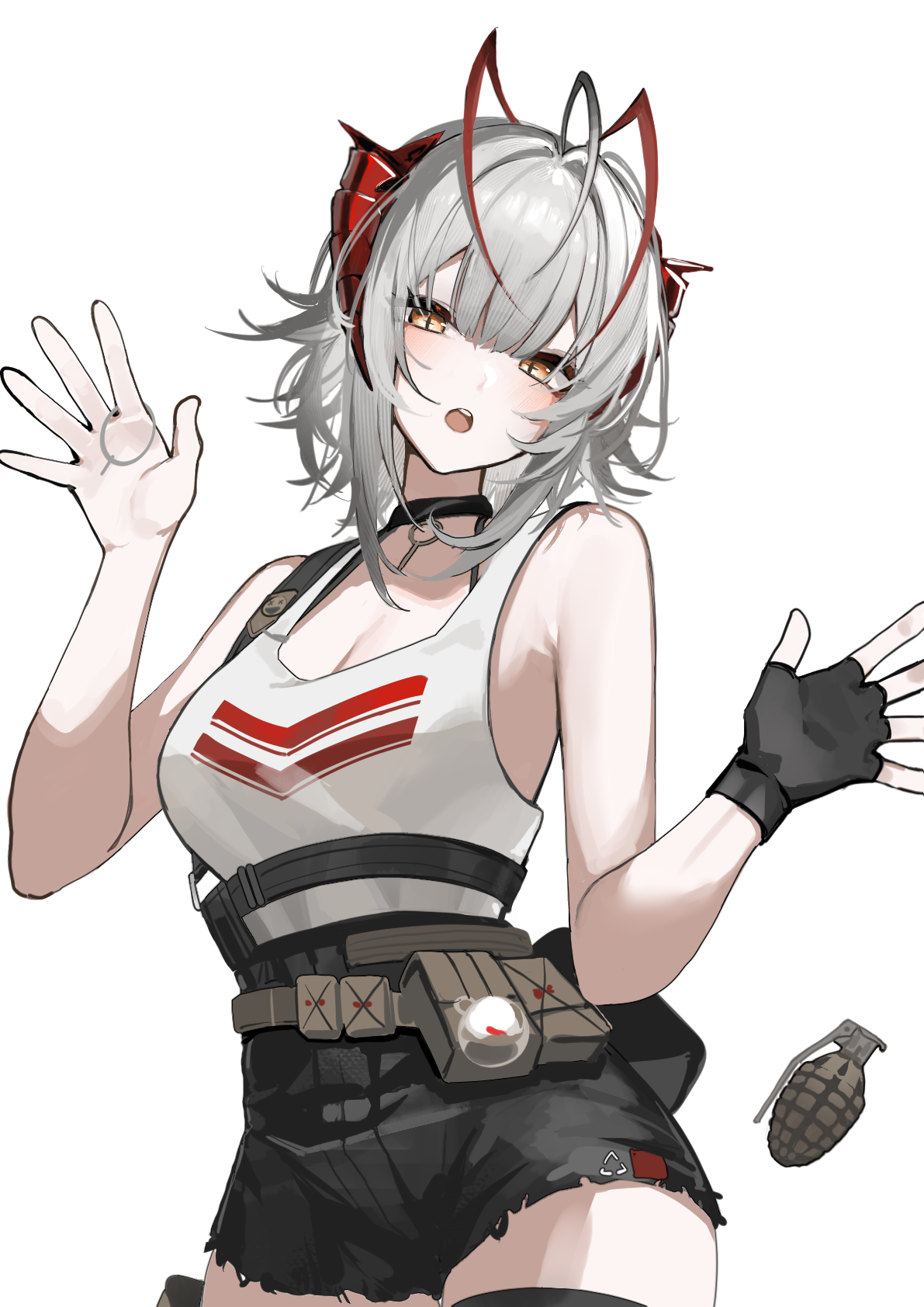 paszuto, w (arknights), arknights, commentary, highres, 1girl, antenna hair, belt pouch, black choker, black shorts, breasts, brown eyes, choker, cleavage, cowboy shot, demon girl, demon horns, explosive, fingerless gloves, gloves, grenade, grenade pin, grey hair, hands up, horns, looking at viewer, medium breasts, open mouth, pouch, red horns, shirt, short shorts, shorts, simple background, single glove, solo, teeth, upper teeth only, white background, white shirt