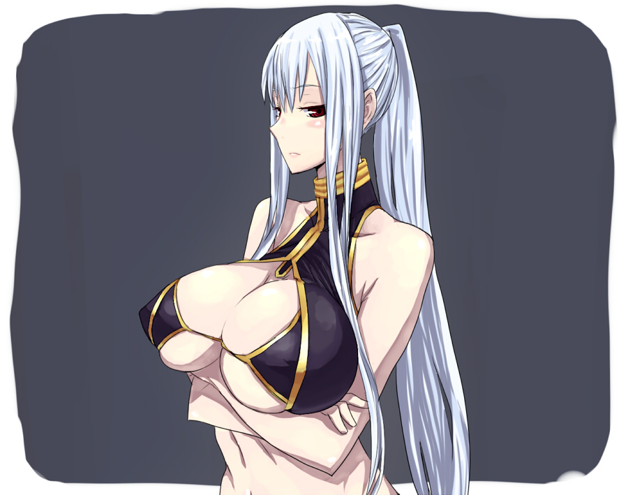 inayama, selvaria bles, senjou no valkyria, senjou no valkyria (series), senjou no valkyria 1, breast hold, silver hair, bad id, bad pixiv id, 00s, 1girl, bikini, black bikini, blush, breasts, center opening, cleavage cutout, clothing cutout, crossed arms, female focus, huge breasts, long hair, ponytail, red eyes, solo, swimsuit, underboob