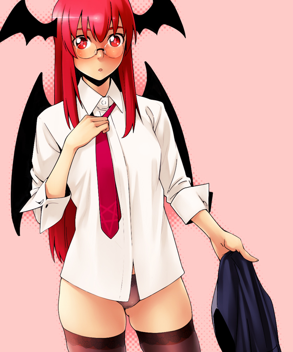 yurikawa, koakuma, embodiment of scarlet devil, touhou, 1girl, :o, bat wings, bespectacled, black panties, black thighhighs, demon wings, female focus, glasses, head wings, long hair, necktie, panties, red eyes, red hair, red necktie, shirt, sleeves rolled up, solo, thighhighs, underwear, wings, zettai ryouiki
