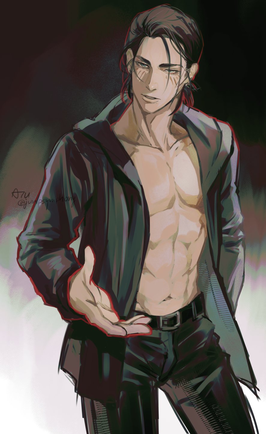 jumpsymphony, eren yeager, shingeki no kyojin, highres, 1boy, abs, belt, black belt, black jacket, black pants, brown hair, cowboy shot, facial mark, jacket, looking at viewer, male focus, medium hair, midriff, navel, open clothes, open jacket, outstretched hand, pants, parted lips, pectorals, solo, twitter username, updo