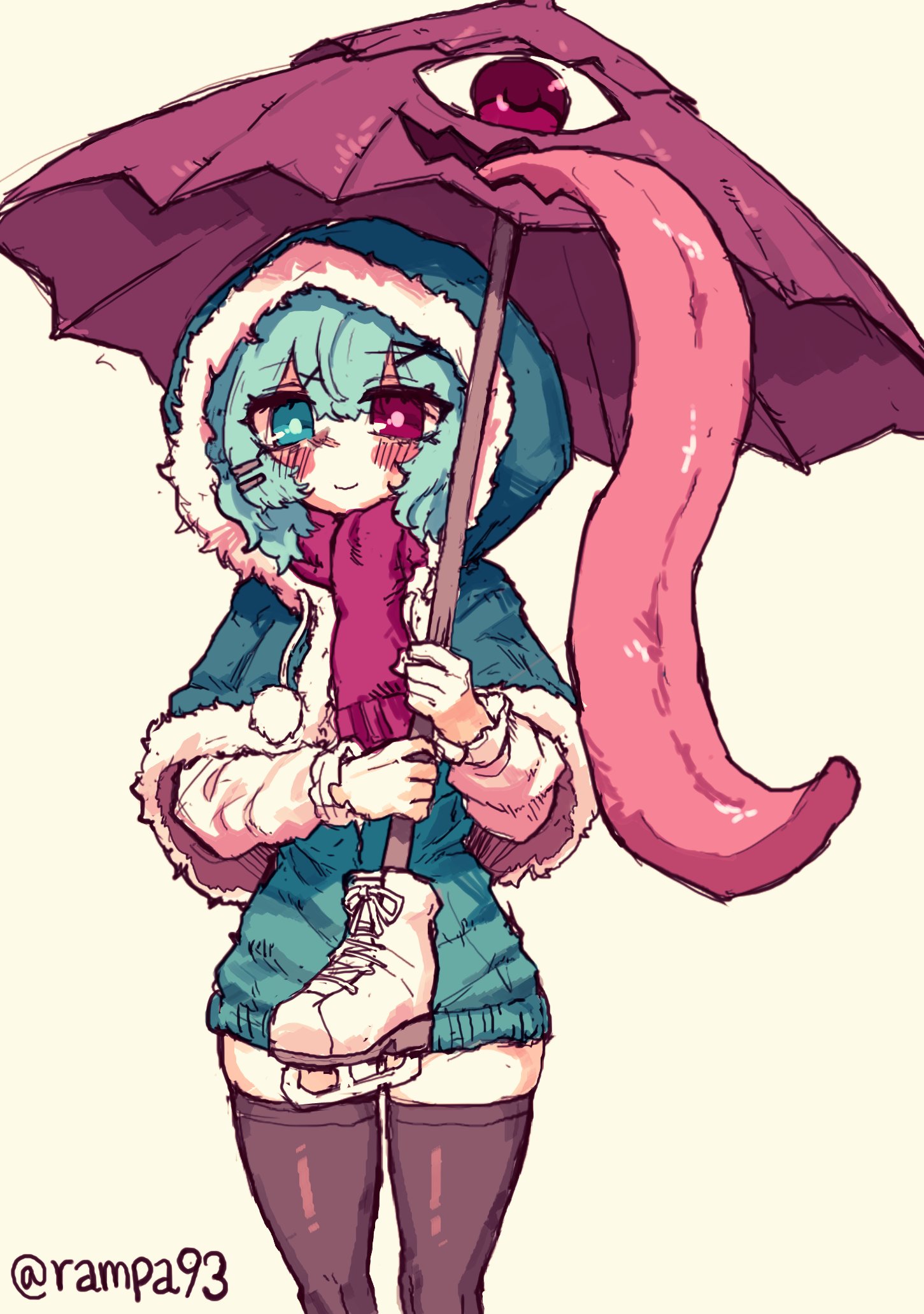 rampa93, tatara kogasa, touhou, highres, 1girl, alternate costume, black thighhighs, blue eyes, blue hair, blue hood, blue sweater, blush, closed mouth, fur trim, hair between eyes, heterochromia, holding, holding umbrella, hood, ice skates, pom pom (clothes), red eyes, red scarf, scarf, skates, smile, solo, sweater, thighhighs, thighs, tongue, twitter username, umbrella, yellow background, zettai ryouiki