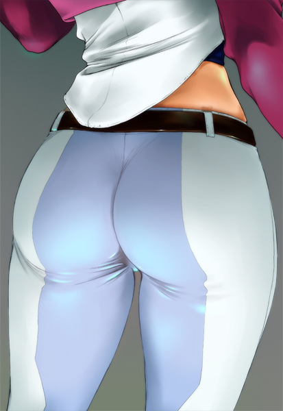 shinobu (tyno), sumeragi lee noriega, gundam, gundam 00, 00s, 1girl, ass, ass focus, belt, close-up, female focus, from behind, grey background, huge ass, jacket, midriff, pants, purple jacket, simple background, skin tight, solo, tight clothes, tight pants