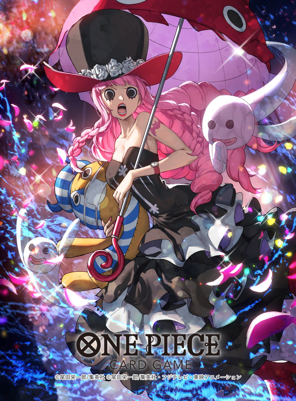 dai-xt, kumacy, perona, one piece, one piece card game, commentary request, highres, official art, 1girl, arm tattoo, bare shoulders, black dress, black eyes, blunt bangs, braid, copyright name, dress, drill hair, falling petals, frilled dress, frills, ghost, hat, holding, holding stuffed toy, holding umbrella, long hair, lower eyelashes only, open mouth, petals, pink hair, pink nails, pink petals, sparkle, stuffed animal, stuffed toy, tattoo, umbrella, watch, white dress, wristwatch