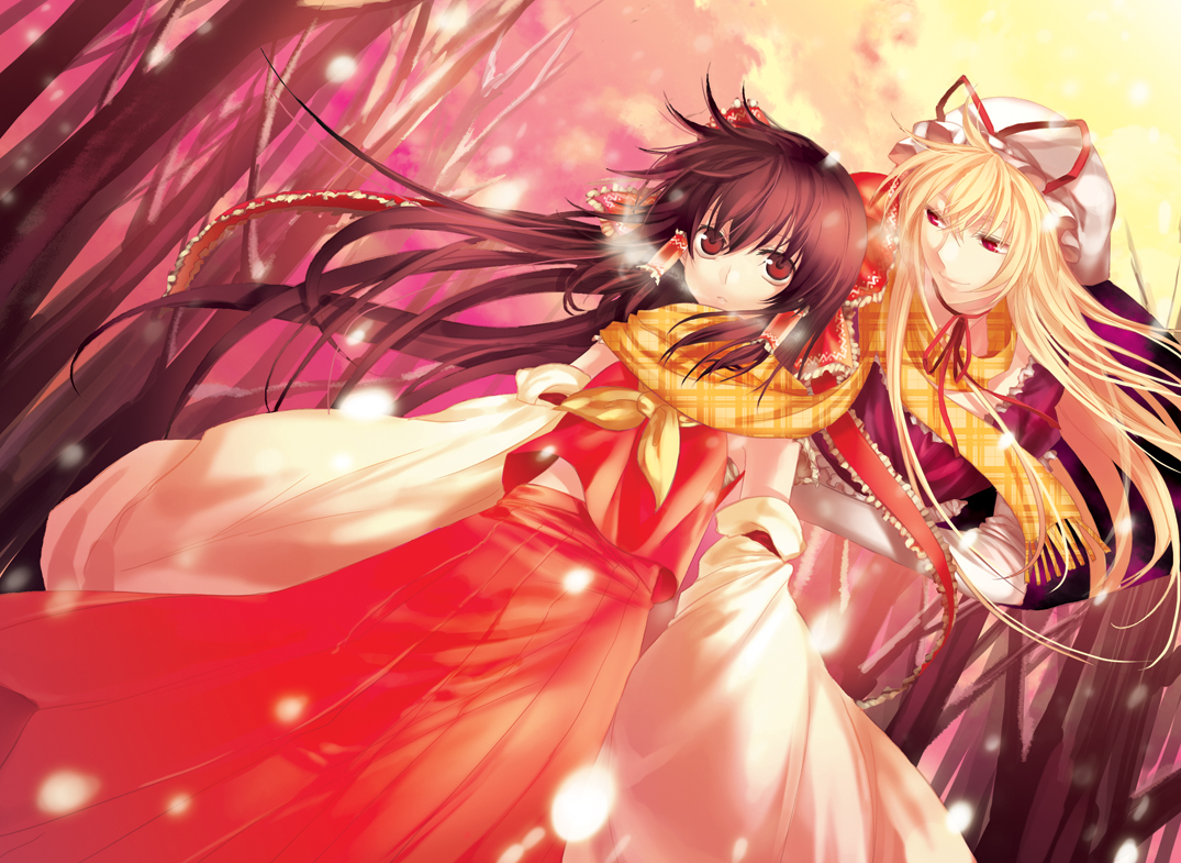 irua, hakurei reimu, yakumo yukari, perfect cherry blossom, touhou, bad id, bad pixiv id, 2girls, black hair, blonde hair, female focus, gap (touhou), hat, japanese clothes, kimono, long hair, multiple girls, red eyes, ribbon, scarf, shared clothes, shared scarf, snow, tree