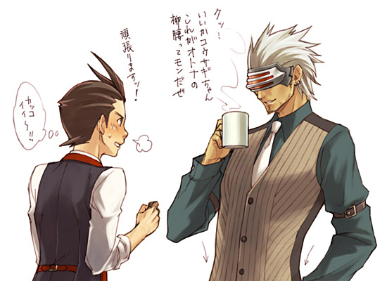 kobashi, apollo justice, godot (ace attorney), ace attorney, apollo justice: ace attorney, capcom, phoenix wright: ace attorney – trials and tribulations, visor, translation request, 2boys, coffee, formal clothes, male focus, mask, multiple boys, necktie, suit