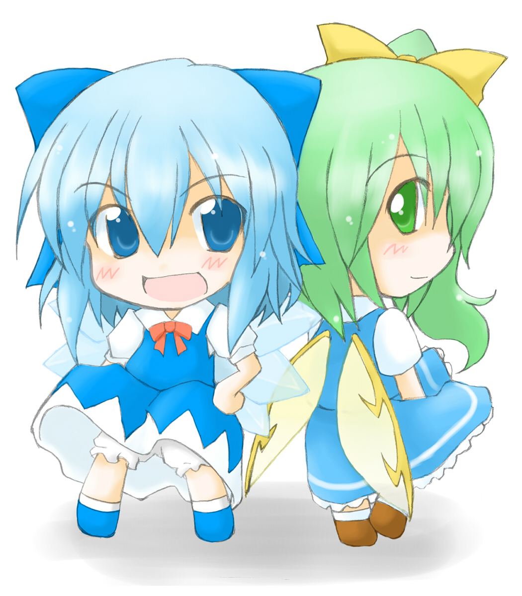 eku, cirno, daiyousei, embodiment of scarlet devil, touhou, bad id, bad pixiv id, highres, 2girls, bloomers, chibi, multiple girls, underwear, wings