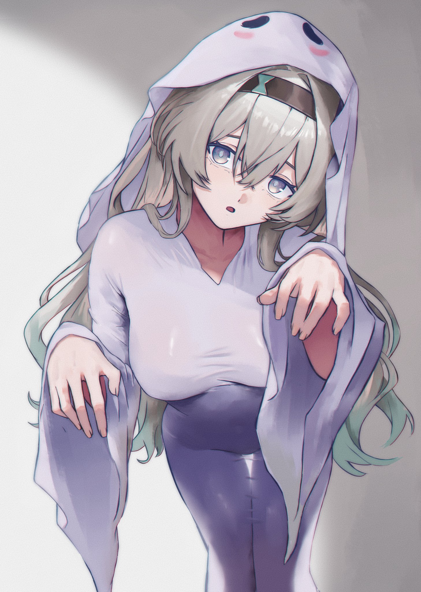 lucasafontes, firefly (honkai: star rail), honkai: star rail, honkai (series), commentary, hashtag-only commentary, highres, 1girl, black hairband, blue eyes, breasts, ghost costume, ghost pose, gradient hair, green hair, grey hair, grey pupils, hair between eyes, hairband, hands up, large breasts, long hair, looking at viewer, multicolored hair, open mouth, see-through silhouette, solo