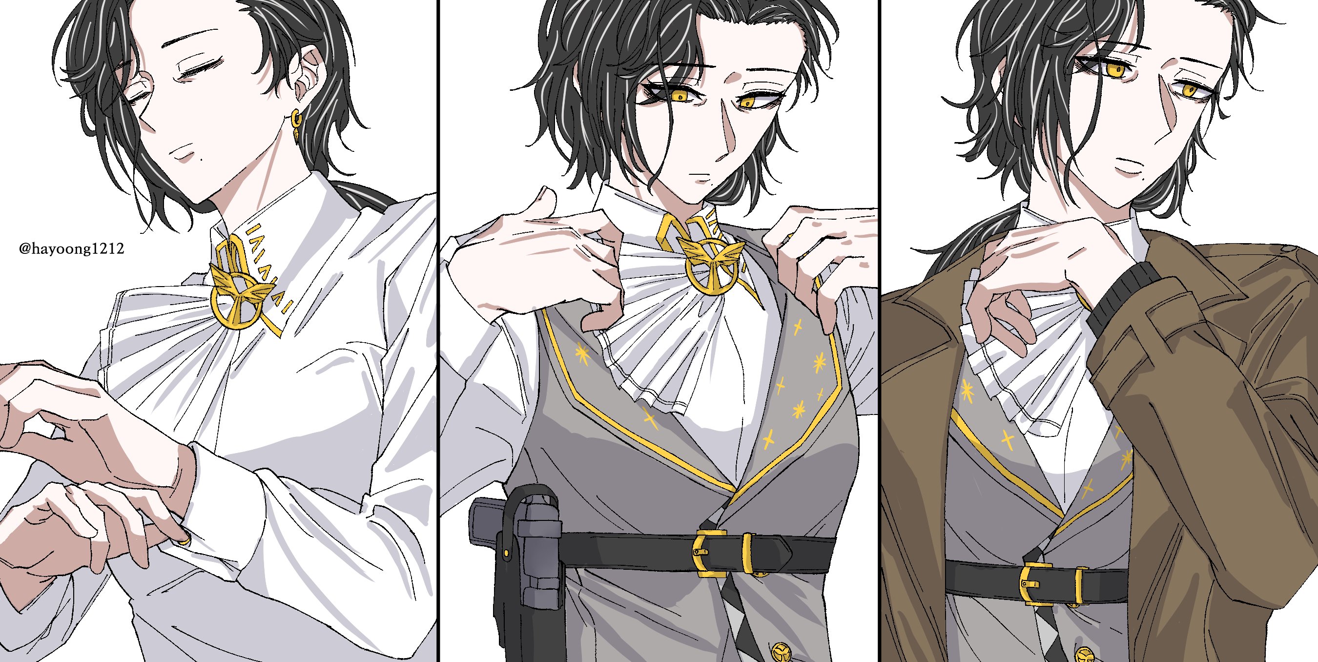 greta hofmann, reverse:1999, highres, 1girl, adjusting clothes, ascot, black hair, closed eyes, closed mouth, collared shirt, dressing, grey vest, gun, hand up, handgun, hands up, holster, low ponytail, medium hair, multiple views, panda critter, ponytail, shirt, triptych (art), upper body, vest, waistcoat, weapon, white ascot, white background, white shirt, yellow eyes
