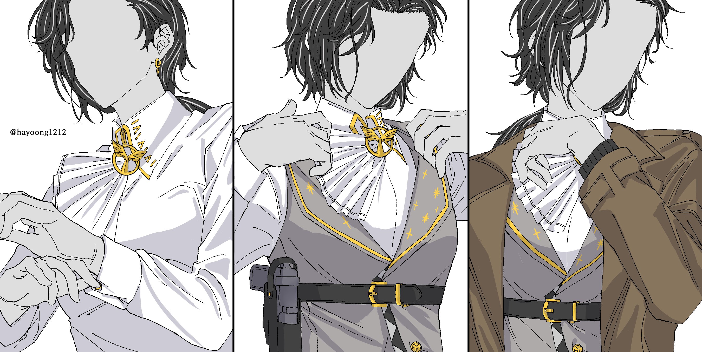 greta hofmann, reverse:1999, highres, 1girl, adjusting clothes, ascot, black hair, collared shirt, dressing, faceless, faceless female, grey vest, gun, hand up, handgun, hands up, holster, low ponytail, medium hair, multiple views, panda critter, ponytail, shirt, triptych (art), upper body, vest, waistcoat, weapon, white ascot, white background, white shirt