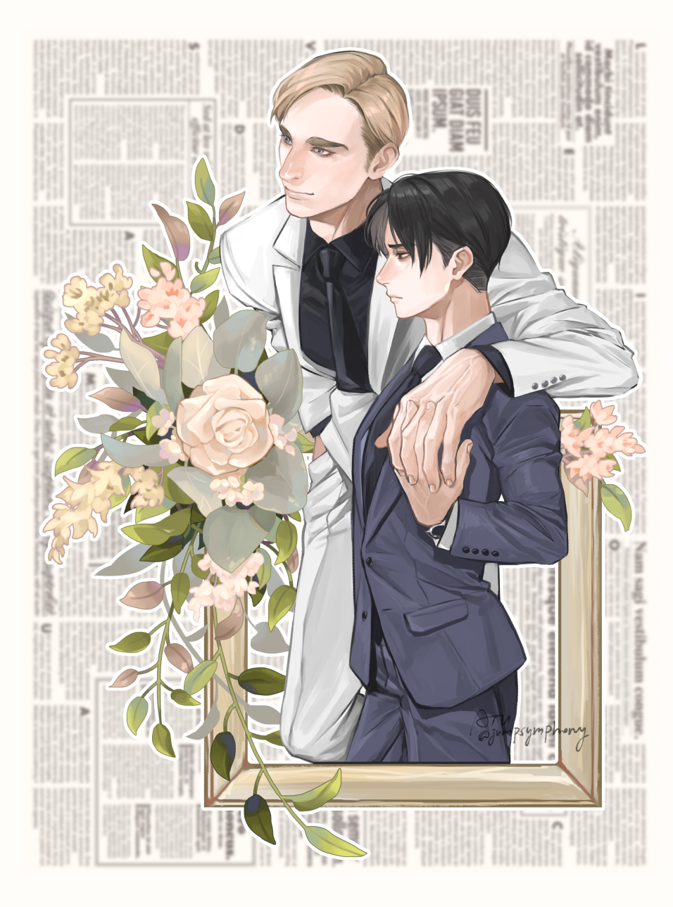 jumpsymphony, erwin smith, levi (shingeki no kyojin), shingeki no kyojin, highres, 2boys, arm around shoulder, black hair, black necktie, black shirt, blonde hair, closed mouth, collared shirt, couple, cow, flower, formal clothes, grey jacket, grey pants, grey suit, holding hands, interlocked fingers, jacket, light smile, male focus, multiple boys, necktie, newspaper, pants, parted bangs, picture frame, rose, shirt, short hair, suit, suit jacket, swept bangs, twitter username, white flower, white jacket, white pants, white rose, white suit, yaoi