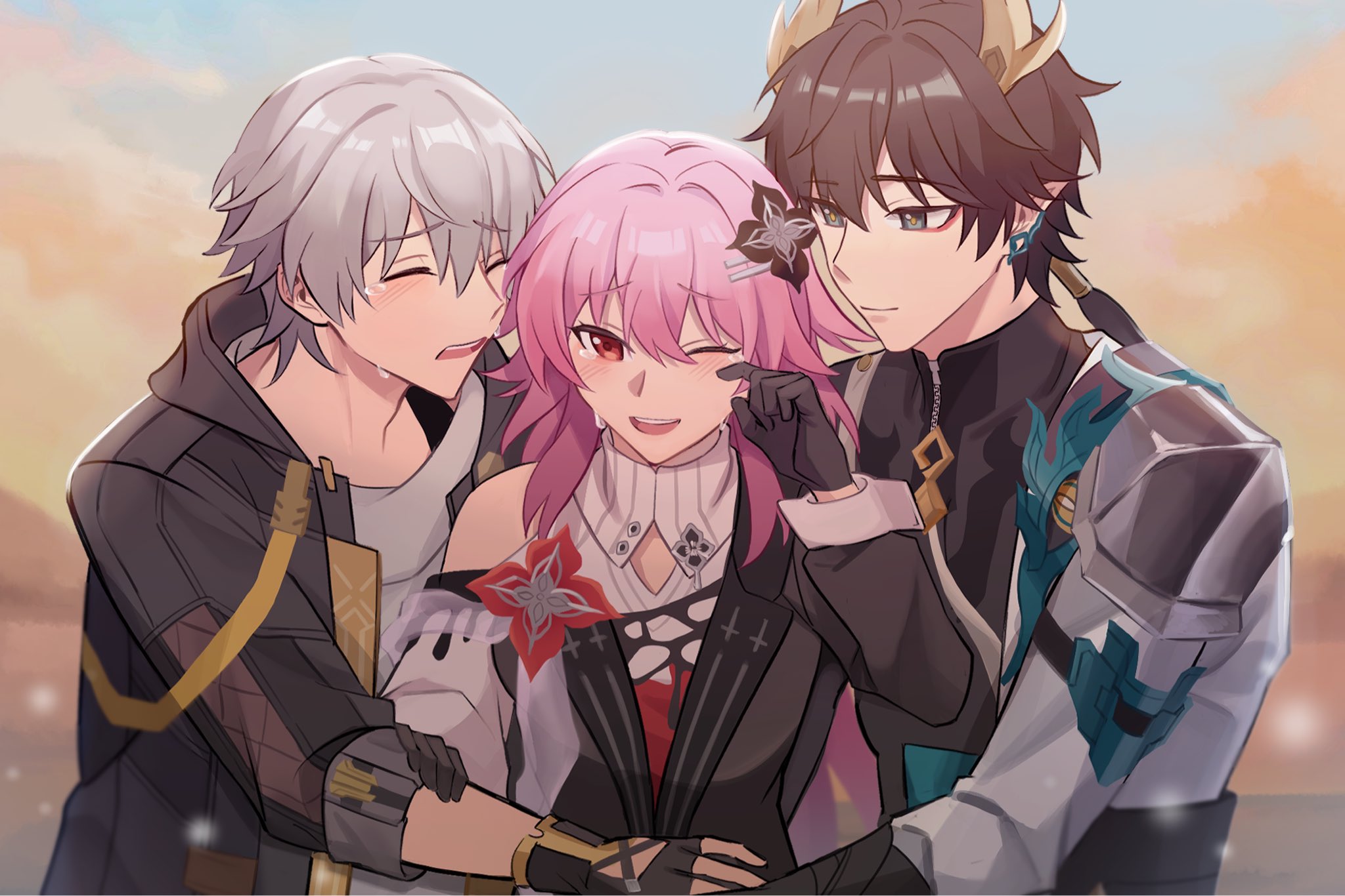 p ponpondayo, caelus (honkai: star rail), dan heng (honkai: star rail), dan heng (hunt) (honkai: star rail), evernight (honkai: star rail), march 7th (honkai: star rail), trailblazer (honkai: star rail), honkai: star rail, honkai (series), commentary, highres, symbol-only commentary, 1girl, 2boys, black coat, black dress, black flower, black gloves, black hair, black shirt, blue sky, blurry, blurry background, blush, chinese clothes, closed eyes, closed mouth, clothing cutout, coat, crying, crying with eyes open, day, dragon boy, dragon horns, dress, earclip, eyeliner, fingerless gloves, flower, flower ornament, gloves, green eyes, grey hair, hair between eyes, hair flower, hair ornament, hairclip, hand on own face, hand up, hood, hooded coat, horns, hug, lapels, long hair, long sleeves, low ponytail, low twintails, makeup, multiple boys, official alternate costume, official alternate hairstyle, one eye closed, open clothes, open coat, open mouth, outdoors, pink hair, pointy ears, ponytail, puffy long sleeves, puffy sleeves, red eyeliner, red eyes, red flower, sad, shirt, short hair, shoulder cutout, sidelocks, single bare shoulder, sky, smile, t-shirt, tears, teeth, twintails, two-tone dress, upper body, white coat, white dress, white shirt, yellow pupils, zipper