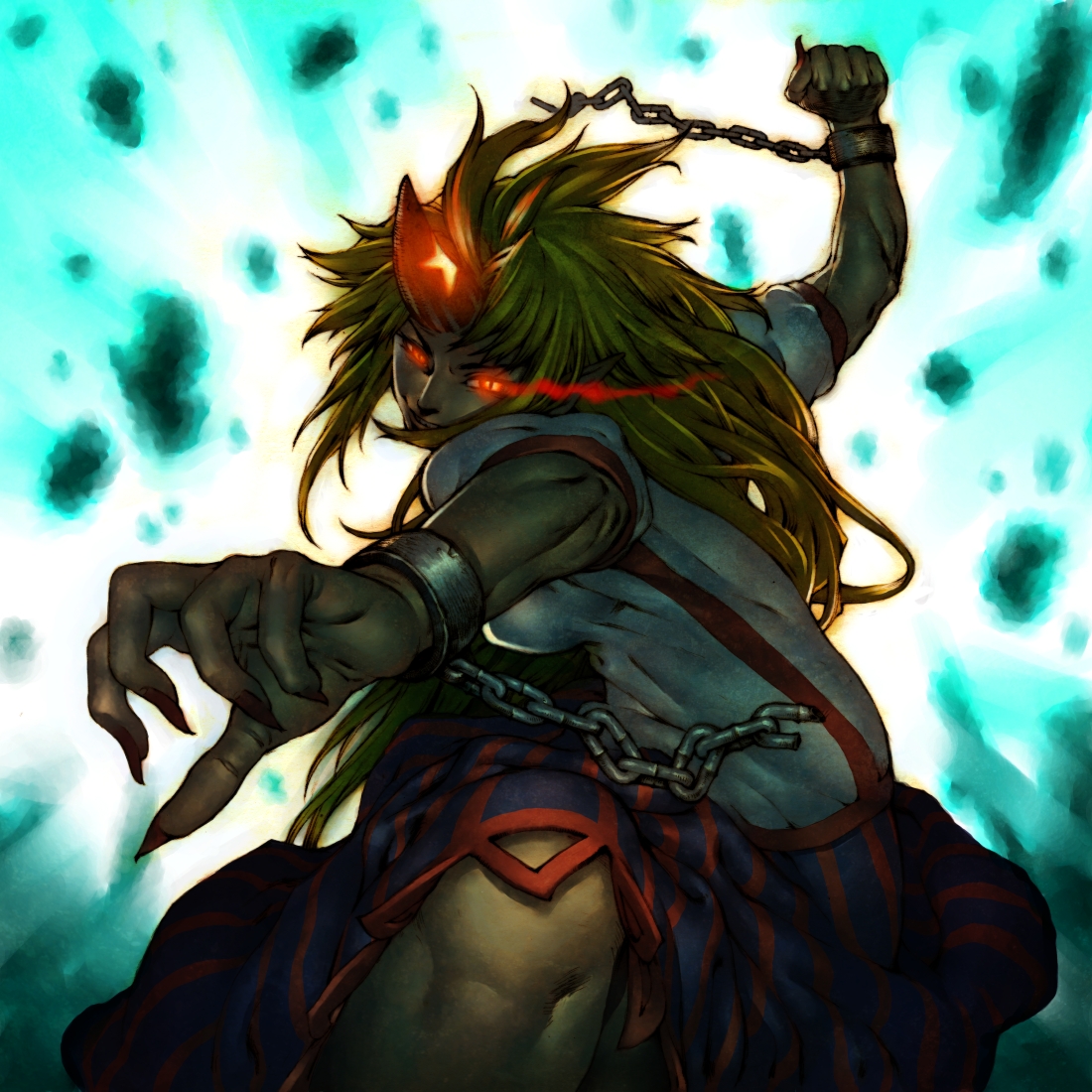 tamo imai, hoshiguma yuugi, touhou, bad id, bad pixiv id, 1girl, action, blonde hair, chain, claws, female focus, glowing, glowing eyes, horns, long hair, muscular, red eyes, single horn, skirt, smile, solo, very long hair