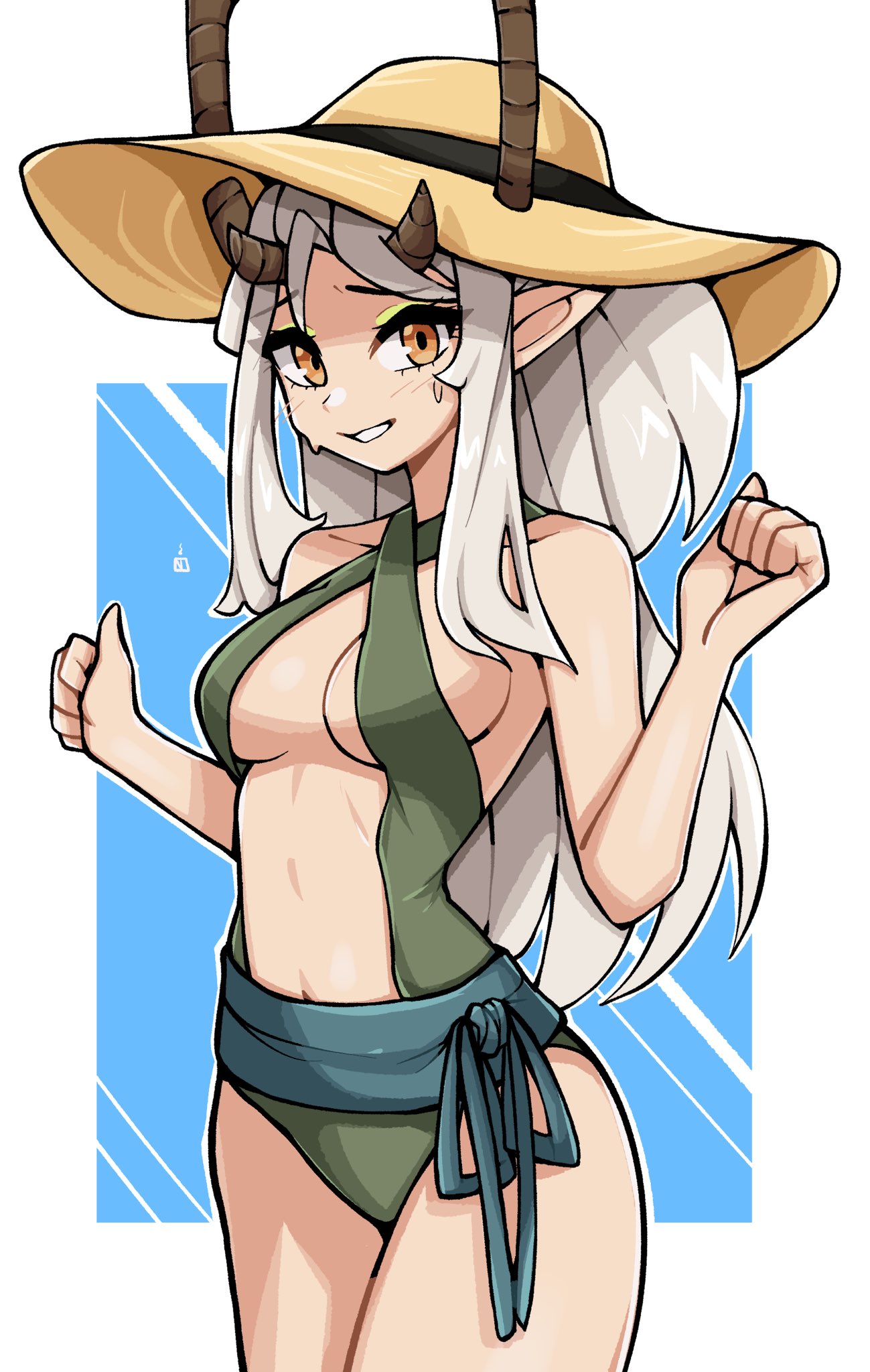 oninuer, original, commentary, commission, english commentary, highres, 1girl, blue background, border, breasts, clenched hands, cowboy shot, criss-cross halter, green slingshot swimsuit, halterneck, hands up, hat, horns, long hair, looking at viewer, medium breasts, orange eyes, outside border, parted bangs, pointy ears, slingshot swimsuit, smile, solo, sun hat, sweat, swimsuit, white border, white hair, yellow hat