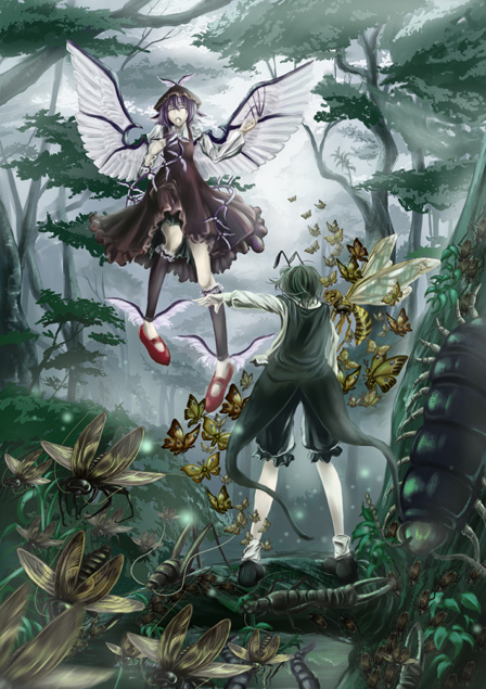 yorubehakiete tenohiragaeshi, mystia lorelei, wriggle nightbug, imperishable night, touhou, 2girls, androgynous, antennae, bug, butterfly, cape, closed eyes, dress, female focus, fingernails, fireflies, firefly, forest, from behind, green hair, long fingernails, multiple girls, music, nature, purple hair, reverse trap, singing, thighhighs, tree, wings