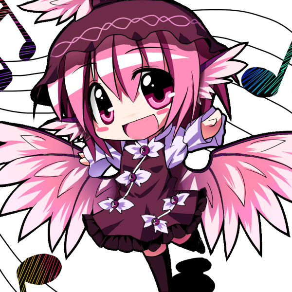 haiiro (hi ghi ro), haiiro (immature), mystia lorelei, touhou, 1girl, chibi, female focus, musical note, pink eyes, pink hair, solo, thighhighs, white background, wings