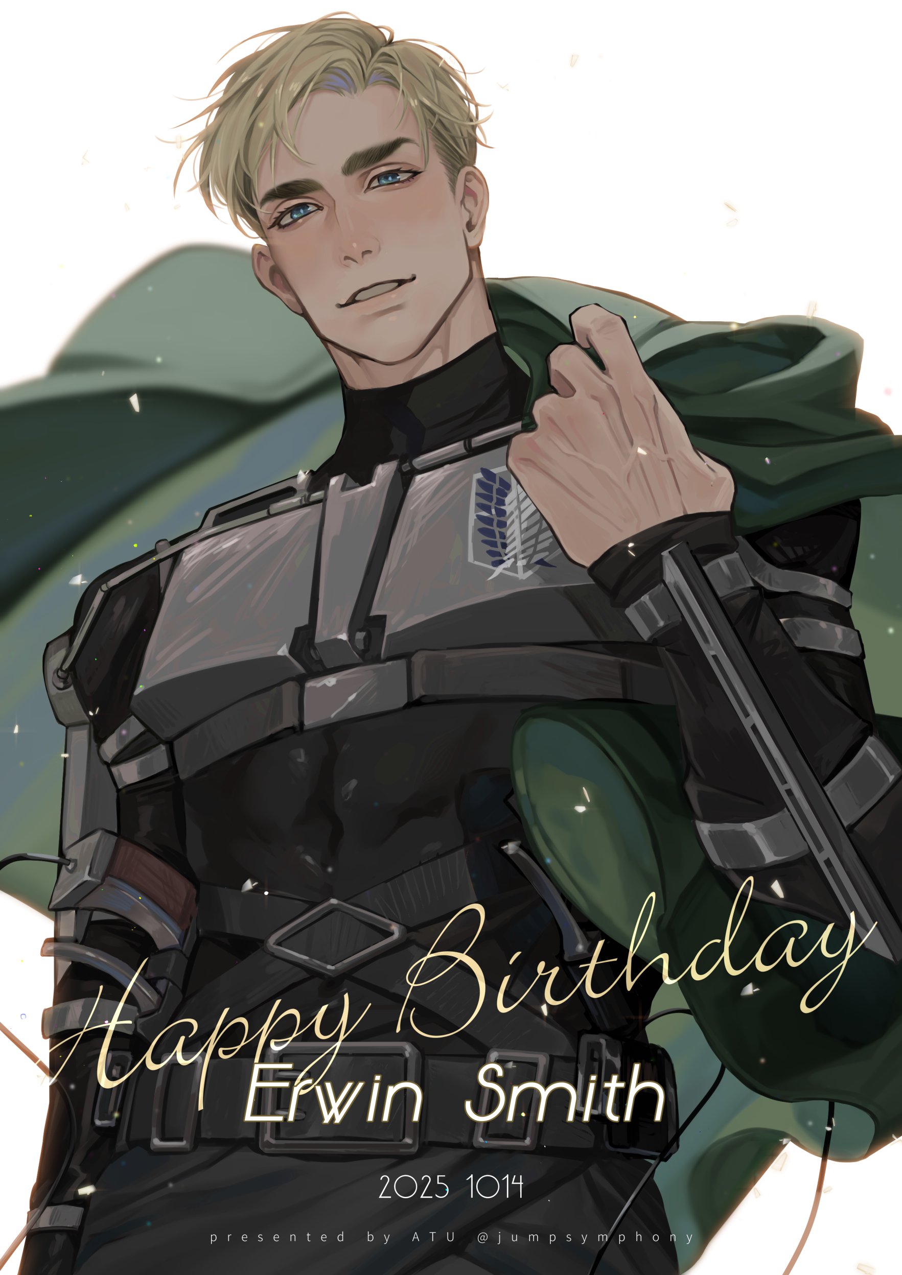 jumpsymphony, erwin smith, shingeki no kyojin, absurdres, highres, 1boy, armor, black bodysuit, blonde hair, blue eyes, bodysuit, character name, cloak, dated, green cloak, happy birthday, male focus, parted bangs, parted lips, short hair, smile, solo, twitter username, upper body, white background