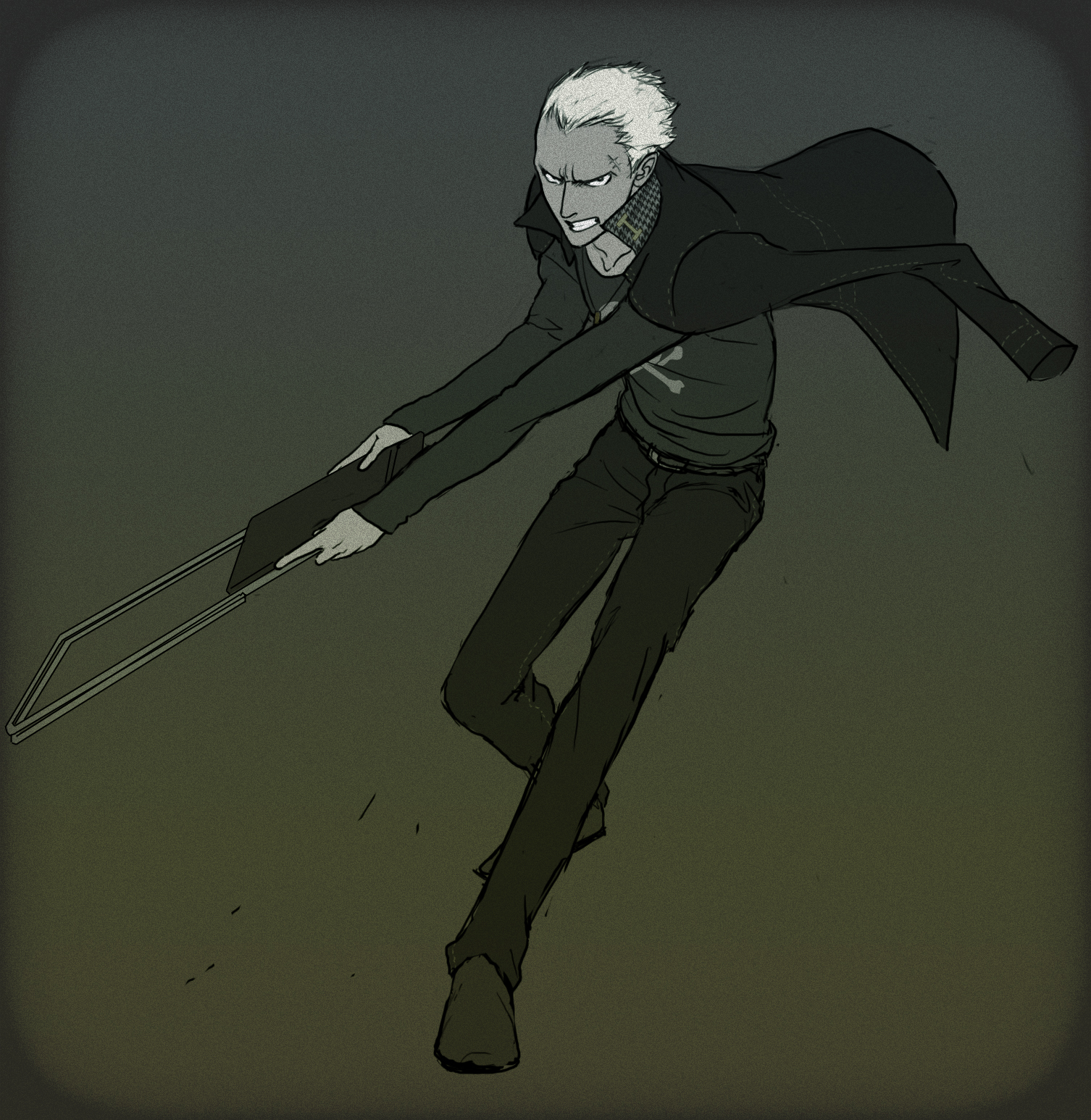 gb (doubleleaf), tatsumi kanji, atlus, persona, persona 4, highres, chair, folding chair, male focus, monochrome, solo, white hair