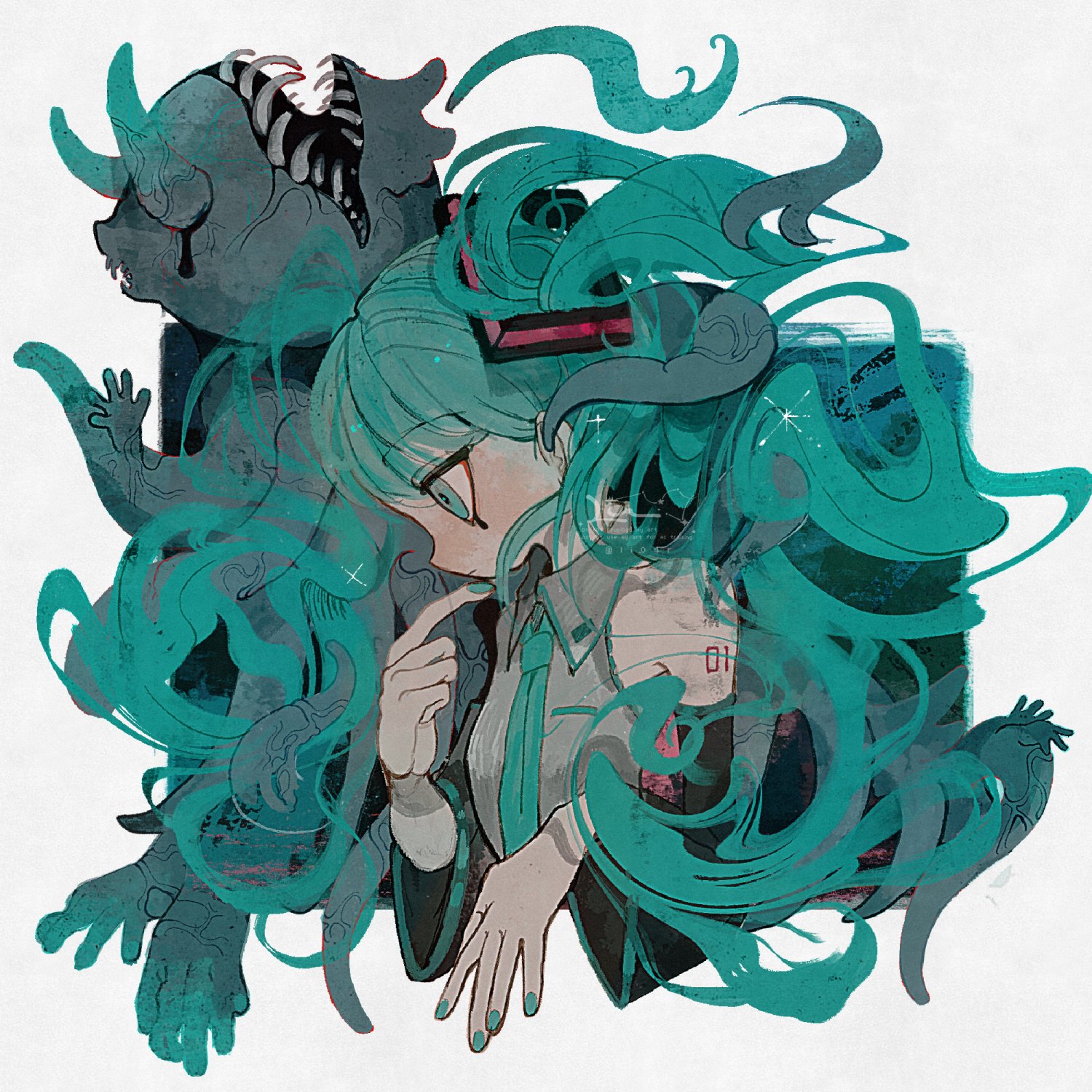 li04r, hatsune miku, vocaloid, hashtag-only commentary, highres, 1girl, bare shoulders, collared shirt, cropped torso, detached sleeves, floating hair, from side, green eyes, green hair, green nails, green necktie, grey shirt, nail polish, necktie, open mouth, profile, sharp teeth, shirt, shoulder tattoo, simple background, solo, tattoo, teeth, twintails, white background, wide sleeves, wing collar
