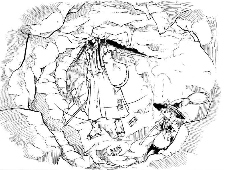 pandemonium, hakurei reimu, kirisame marisa, touhou, 2girls, braid, broom, cave, detached sleeves, failure, female focus, greyscale, hat, japanese clothes, miko, monochrome, multiple girls, sandals, short hair, socks, witch, witch hat