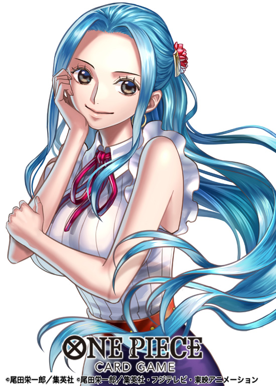haru (toyst), nefertari vivi, one piece, one piece card game, commentary request, official art, 1girl, blue hair, brown eyes, collared shirt, copyright name, cowboy shot, earrings, eyelashes, floating hair, half updo, head rest, jewelry, long hair, neck ribbon, ribbon, shirt, sidelocks, simple background, smile, solo, striped clothes, striped shirt, vertical-striped clothes, vertical-striped shirt, white background, white shirt