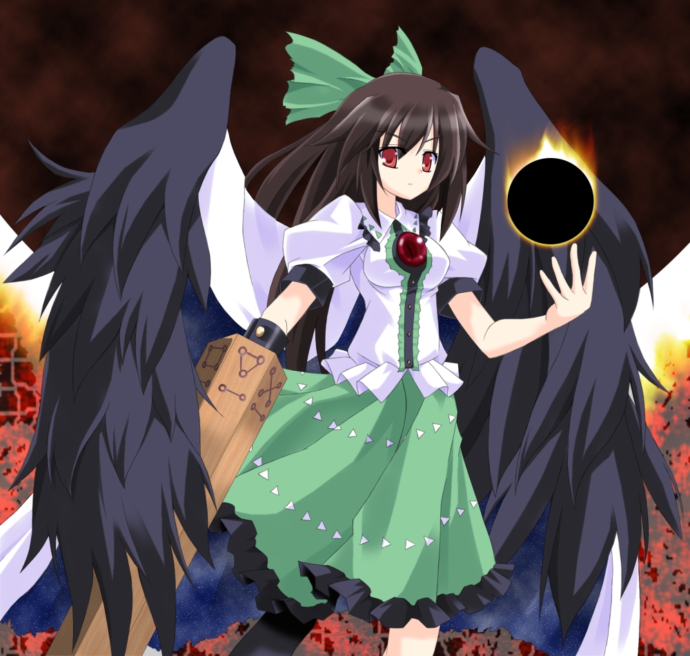 gumoyu, reiuji utsuho, touhou, bad id, bad pixiv id, 1girl, arm cannon, breasts, brown hair, female focus, hair ribbon, long hair, red eyes, ribbon, skirt, solo, weapon, wings
