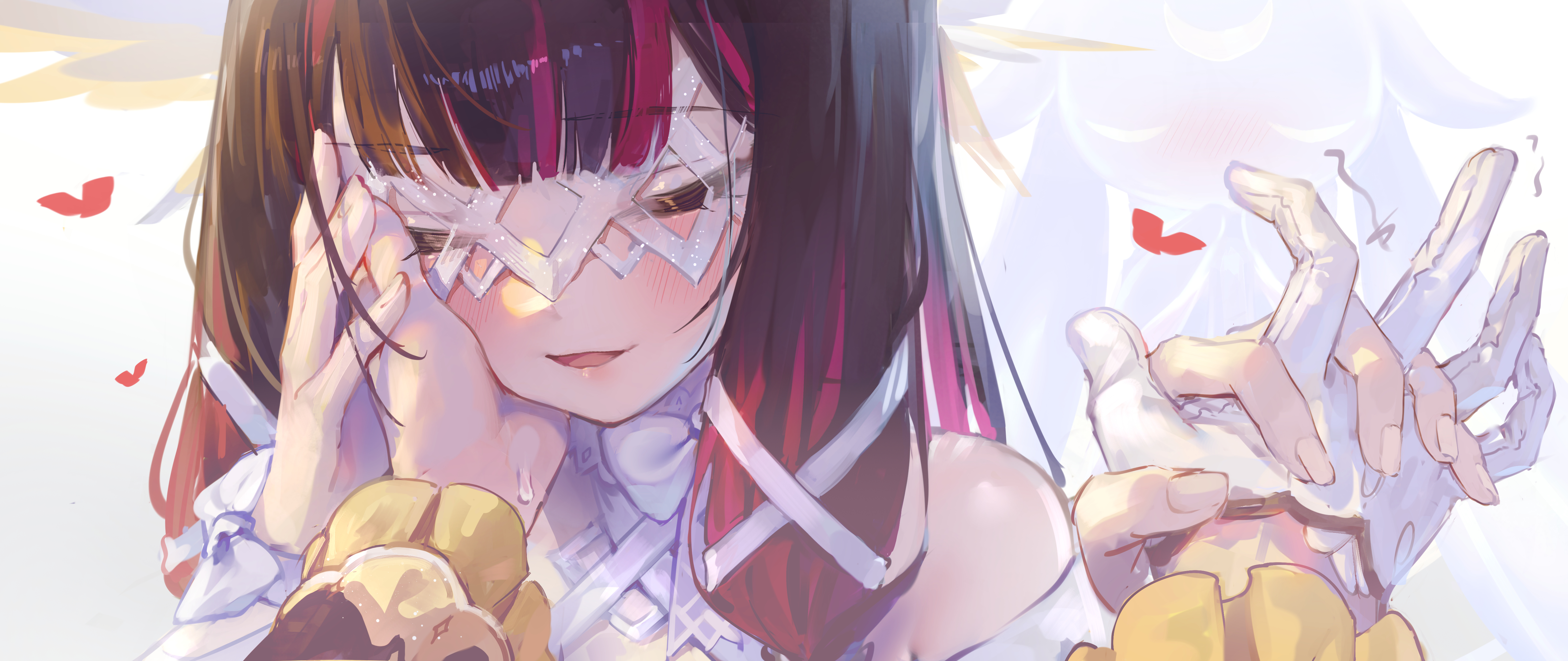 yu hydra, columbina (genshin impact), sandrone (genshin impact), genshin impact, absurdres, commentary request, highres, 2girls, black hair, blush, bow, closed eyes, detached sleeves, dress, eye mask, frilled sleeves, frills, gloves, hand on another's cheek, hand on another's face, heart, holding hands, mask, multicolored hair, multiple girls, open mouth, pink hair, single glove, streaked hair, sweatdrop, trembling, two-tone hair, white bow, white dress, white gloves, white mask, wrist bow, yuri