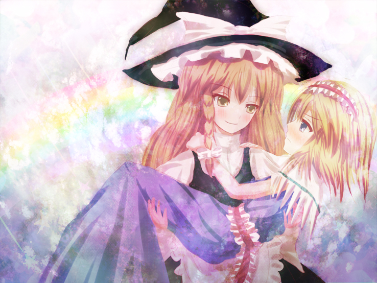 non (nobu), alice margatroid, kirisame marisa, touhou, 2girls, blonde hair, blue eyes, blush, bow, braid, capelet, carrying, female focus, hair bow, hairband, hat, long hair, multiple girls, princess carry, single braid, witch, witch hat, yellow eyes