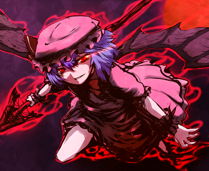 soubi, remilia scarlet, touhou, bad id, bad pixiv id, 1girl, bat wings, blue hair, female focus, gradient background, hat, moon, polearm, red eyes, red moon, short hair, solo, spear, spear the gungnir, weapon, wings, wrist cuffs