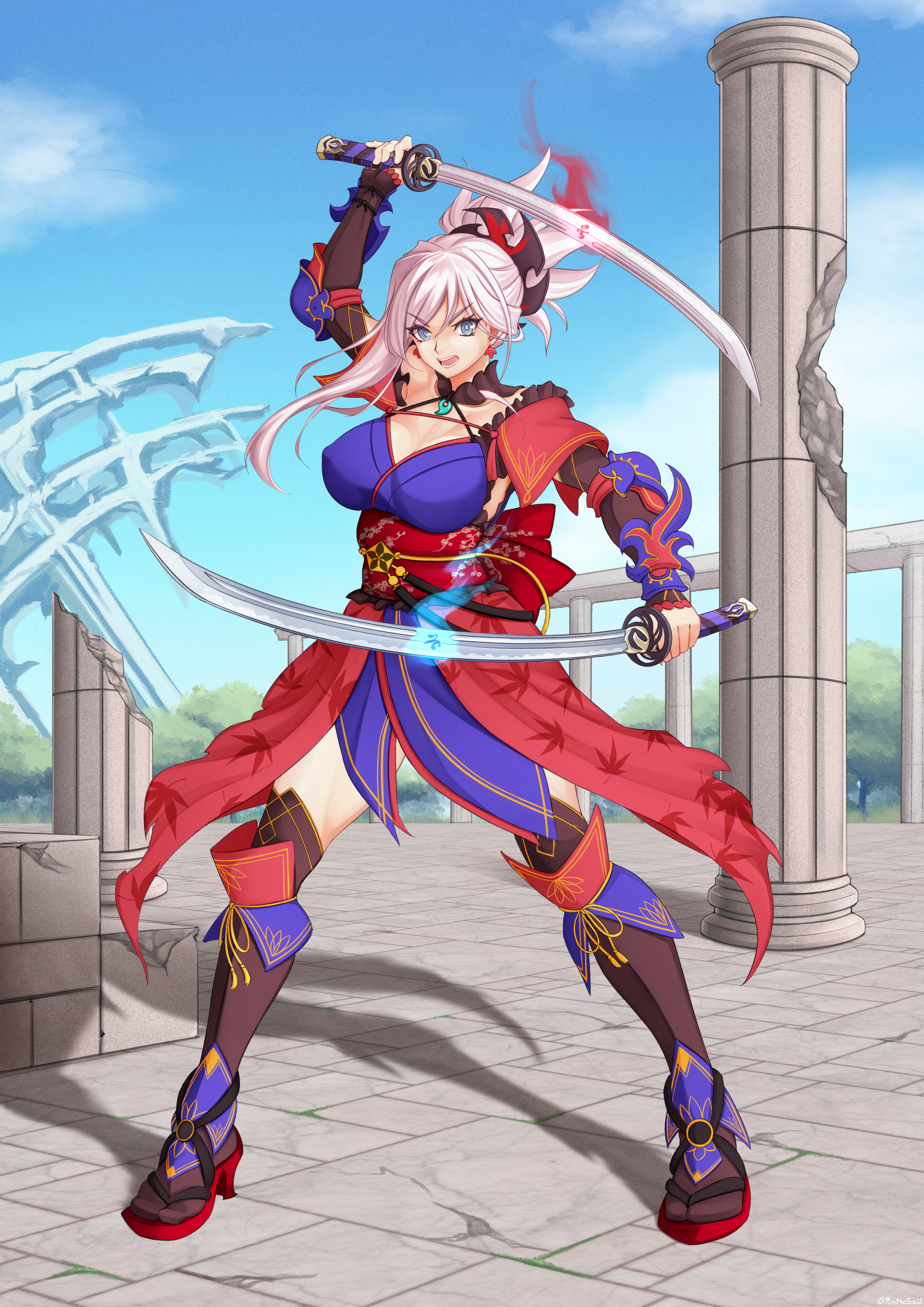 punnosalt, miyamoto musashi (fate), fate/grand order, fate (series), absurdres, highres, variant set, 1girl, asymmetrical bangs, blue eyes, breasts, dual wielding, earrings, fighting stance, full body, high heel sandals, holding, holding sword, holding weapon, jewelry, large breasts, looking at viewer, open mouth, pillar, pink hair, red sash, ruins, sandals, sash, shadow, solo, sword, thighhighs, weapon