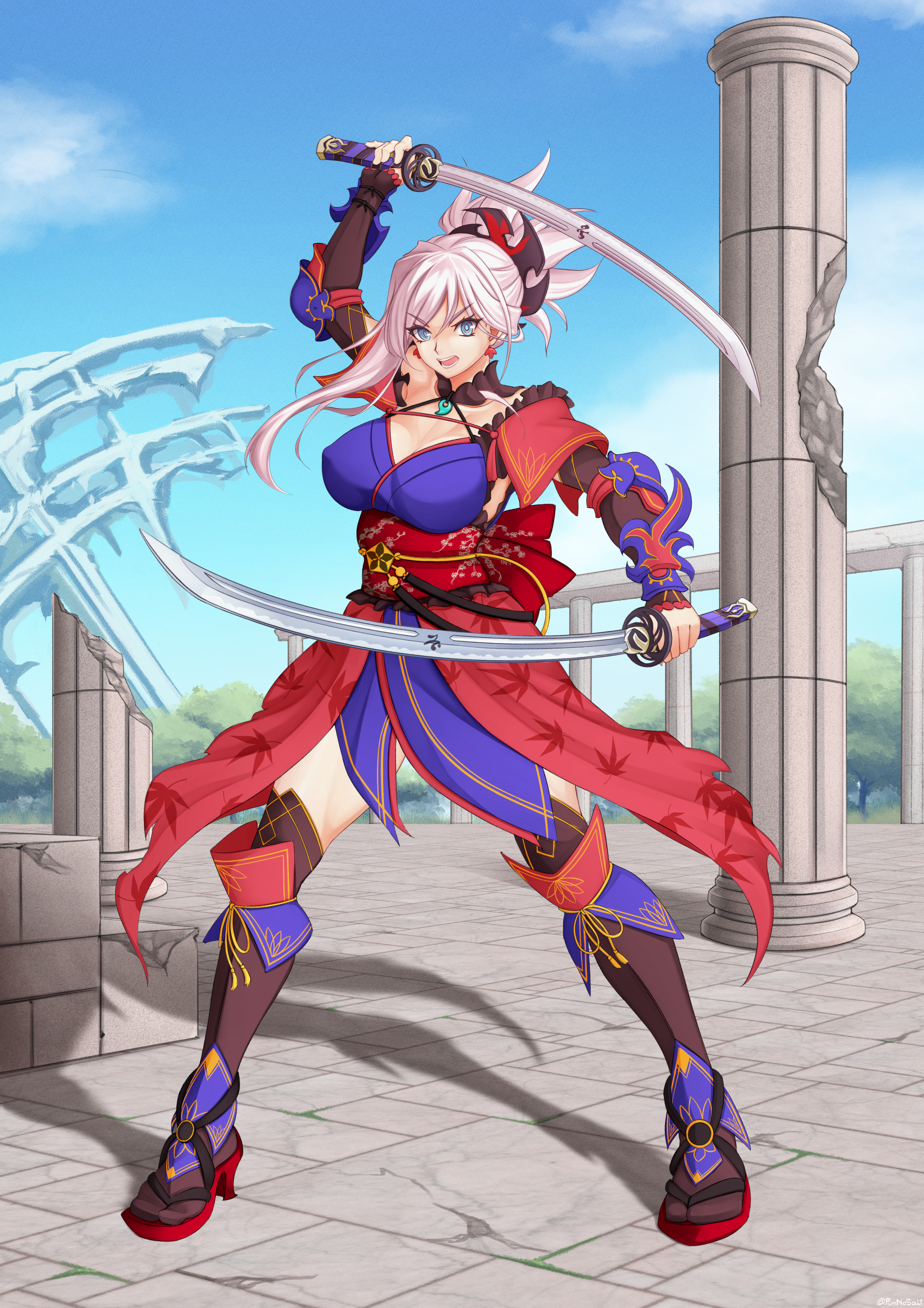 punnosalt, miyamoto musashi (fate), fate/grand order, fate (series), absurdres, highres, variant set, 1girl, asymmetrical bangs, blue eyes, breasts, dual wielding, earrings, fighting stance, full body, high heel sandals, holding, holding sword, holding weapon, jewelry, large breasts, looking at viewer, open mouth, pillar, pink hair, red sash, ruins, sandals, sash, shadow, solo, sword, thighhighs, weapon