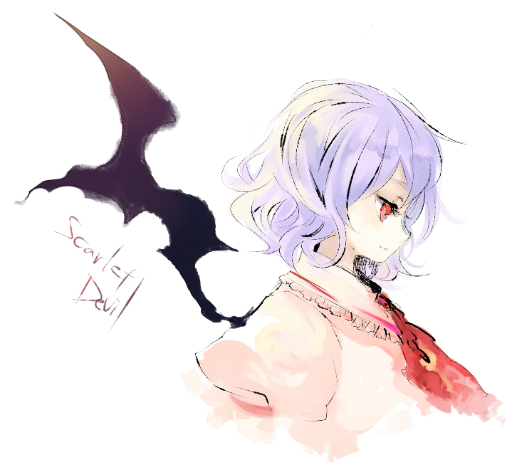 shiina aya, remilia scarlet, touhou, 1girl, bat wings, blue hair, bow, dress, female focus, pink dress, puffy short sleeves, puffy sleeves, red eyes, ribbon, short hair, short sleeves, smile, solo, upper body, wings
