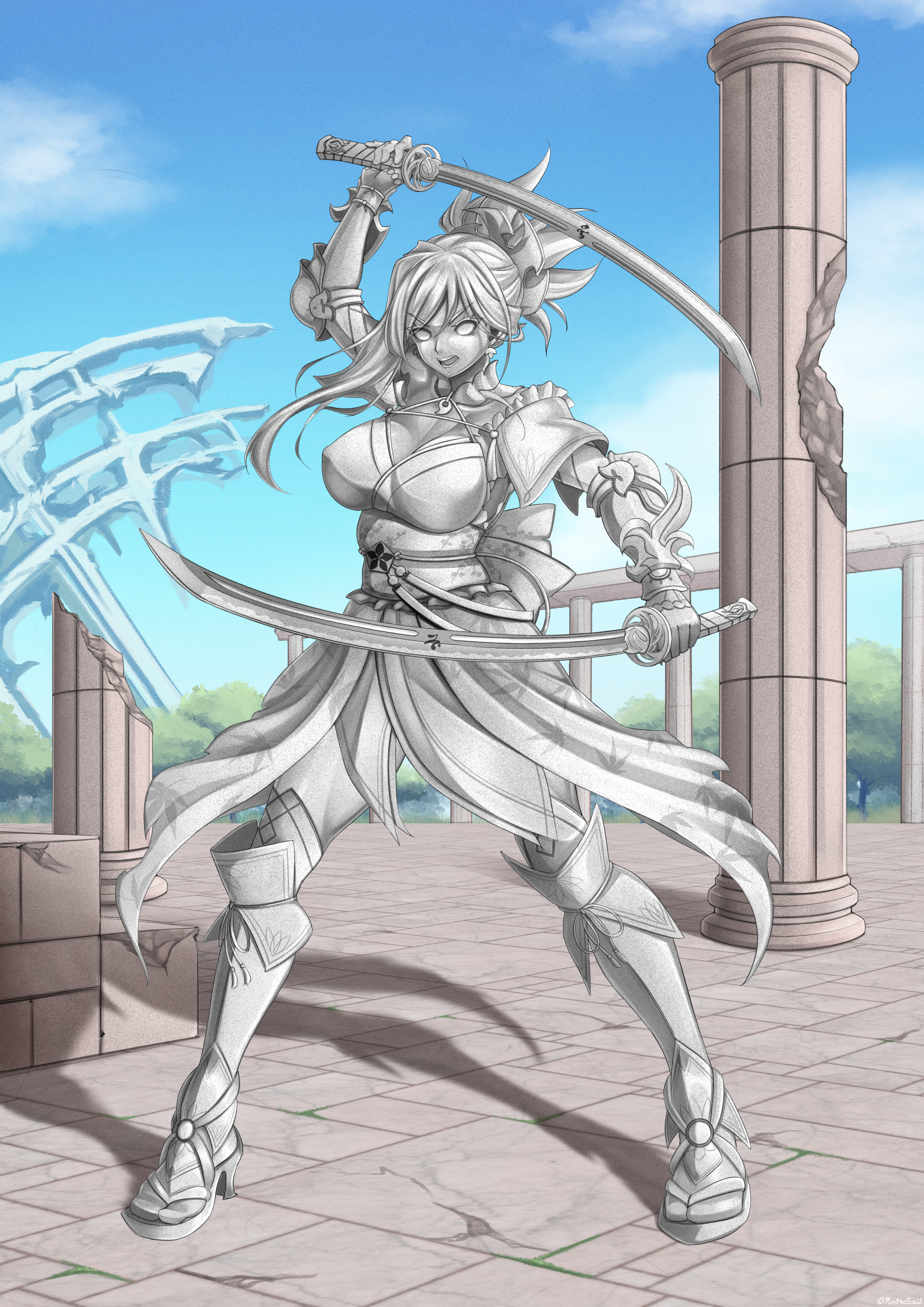 punnosalt, miyamoto musashi (fate), fate/grand order, fate (series), absurdres, highres, variant set, 1girl, asymmetrical bangs, breasts, dual wielding, earrings, fighting stance, full body, high heel sandals, holding, holding sword, holding weapon, jewelry, large breasts, looking at viewer, open mouth, petrification, pillar, ruins, sandals, shadow, solo, statue, sword, thighhighs, weapon