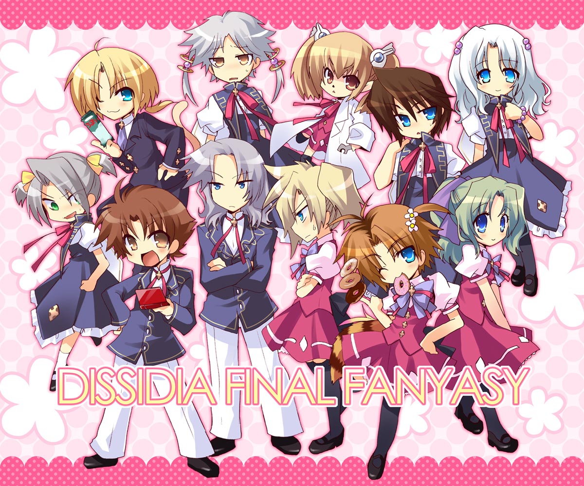 izumi makoto, bartz klauser, cecil harvey, cloud strife, firion, onion knight, shantotto, squall leonhart, tidus, tina branford, warrior of light (ff1), zidane tribal, dissidia final fantasy, final fantasy, final fantasy i, final fantasy ii, final fantasy iii, final fantasy iv, final fantasy ix, final fantasy v, final fantasy vi, final fantasy vii, final fantasy viii, final fantasy x, final fantasy xi, flyable heart, 2girls, alternate hairstyle, crossdressing, crossdressing (ftm), donut, everyone, food, handheld game console, in-franchise crossover, multiple girls, nintendo ds, parody, school uniform, tarutaru, thighhighs, trap, twintails, wrench