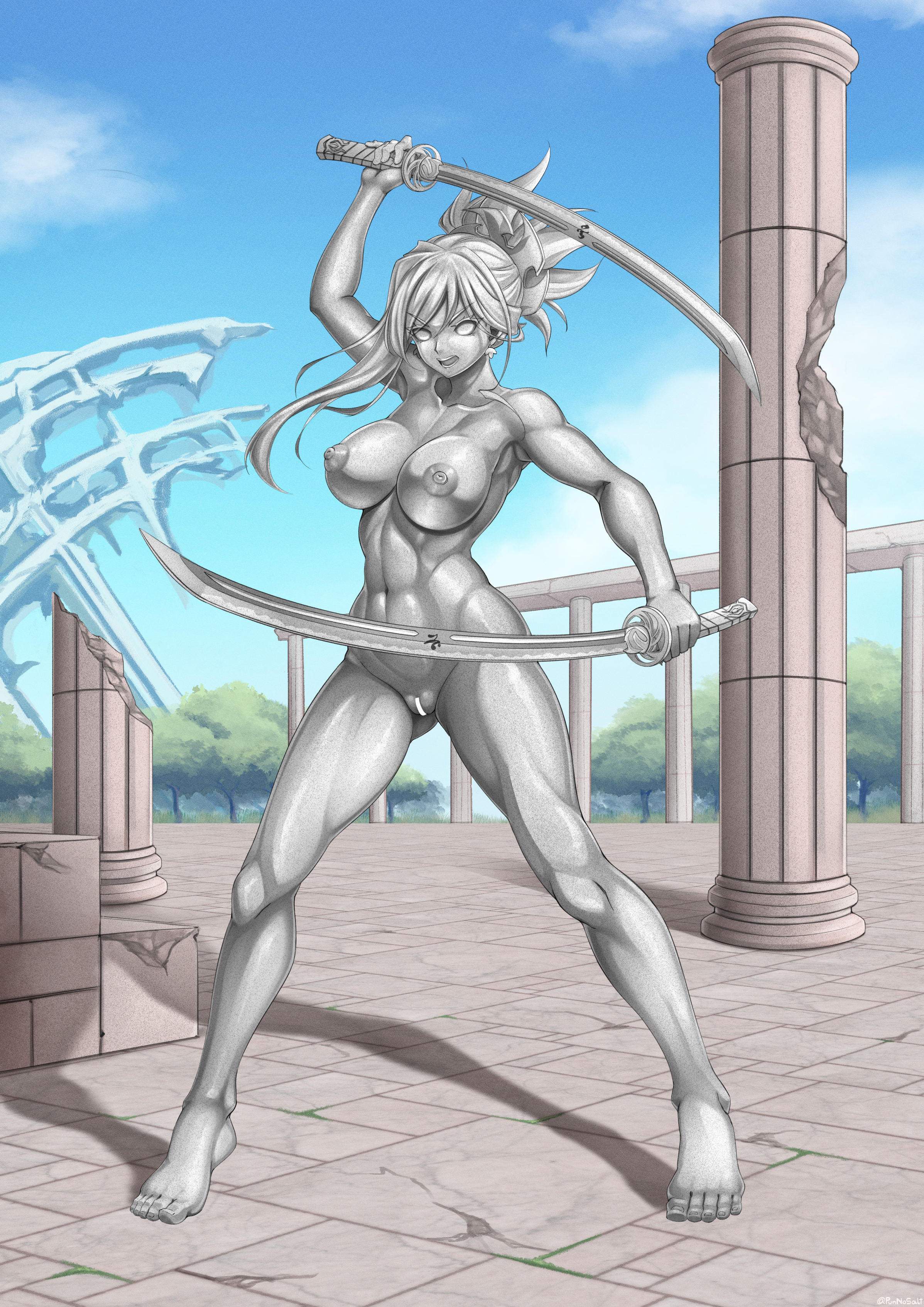 punnosalt, miyamoto musashi (fate), fate/grand order, fate (series), absurdres, highres, variant set, 1girl, asymmetrical bangs, bar censor, breasts, censored, completely nude, dual wielding, earrings, fighting stance, full body, holding, holding sword, holding weapon, jewelry, large breasts, looking at viewer, navel, nipples, nude, open mouth, petrification, pillar, pussy, ruins, shadow, solo, statue, sword, weapon