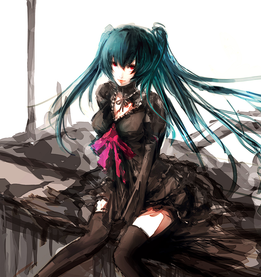 iori yakatabako, hatsune miku, vocaloid, 1girl, dress, female focus, green hair, long hair, red eyes, solo, thighhighs, twintails