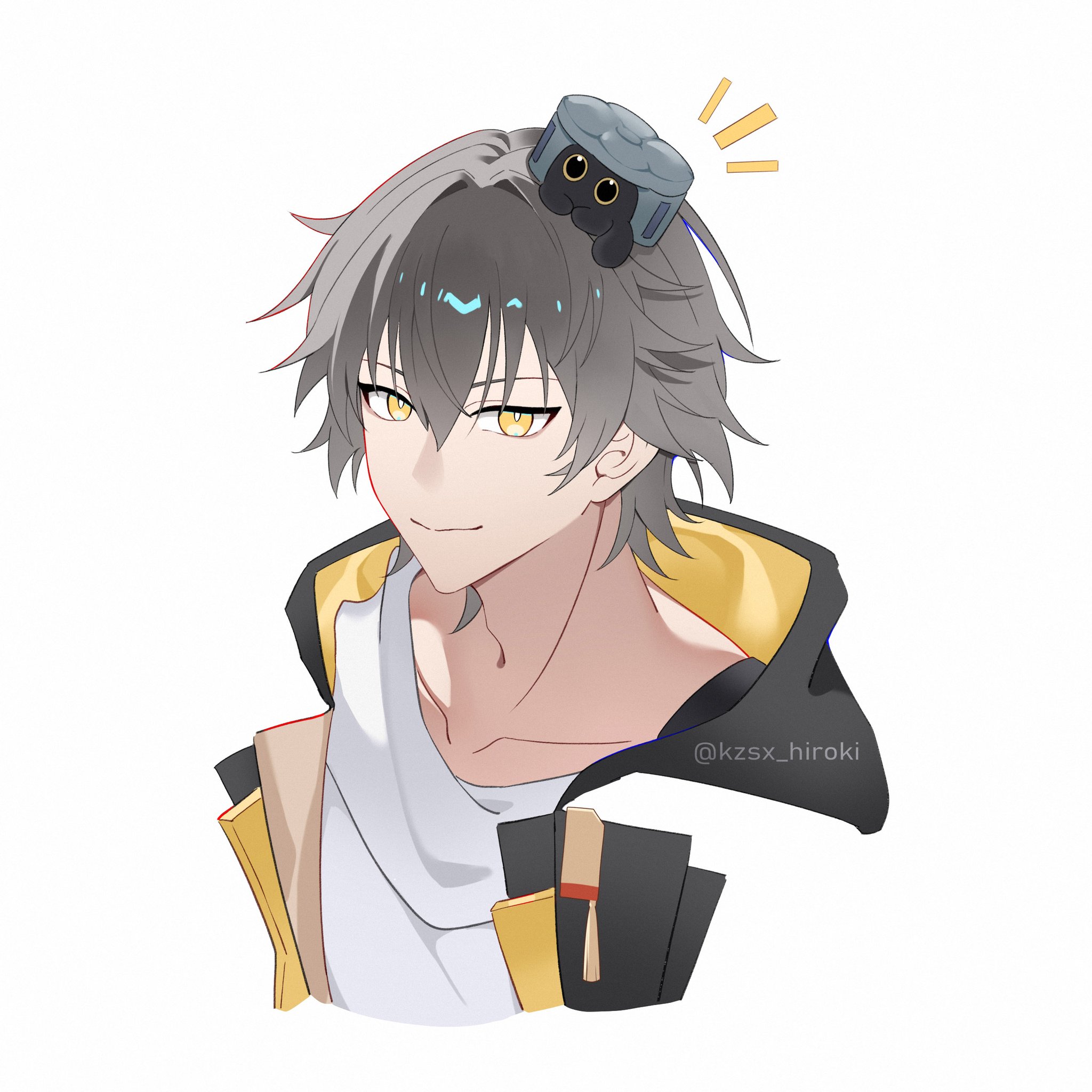 kzsx hiroki, caelus (honkai: star rail), trailblazer (honkai: star rail), trailblazer (trash cake) (honkai: star rail), honkai: star rail, honkai (series), highres, 1boy, artist name, black coat, cake cat (honkai: star rail), character hat, closed mouth, coat, collarbone, grey hair, hair between eyes, hat, hood, hooded coat, lapels, looking at viewer, male focus, mini hat, notice lines, open clothes, open coat, shirt, short hair, simple background, smile, solo, t-shirt, two-sided coat, two-sided fabric, upper body, white background, white shirt, yellow coat, yellow eyes